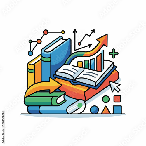 Educational concept with books charts arrows and geometric shapes