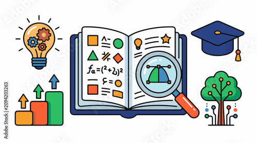Educational icons lightbulb book cap graph tree magnifier