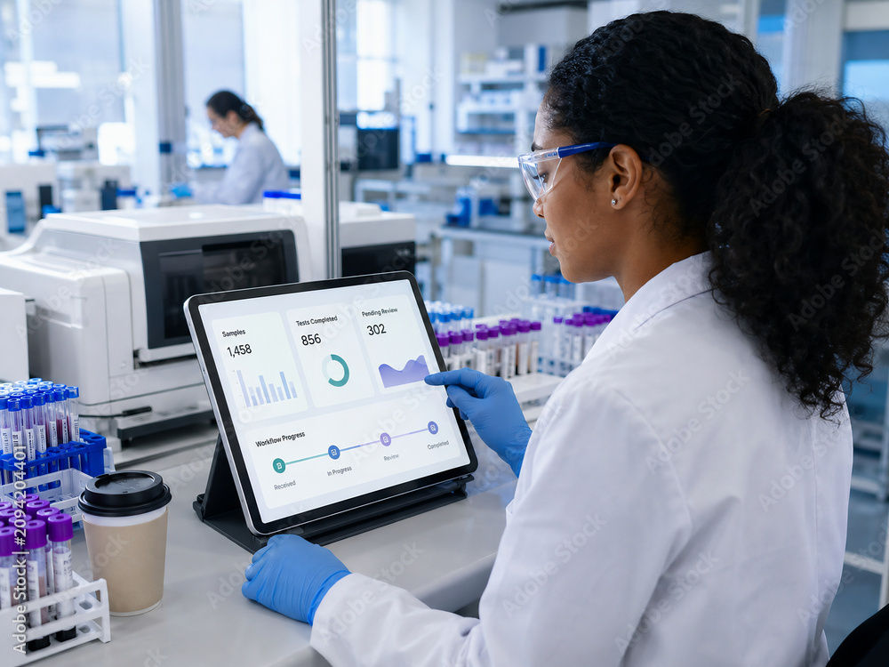 Scientist analyzing lab data on a digital tablet in a medical research facility