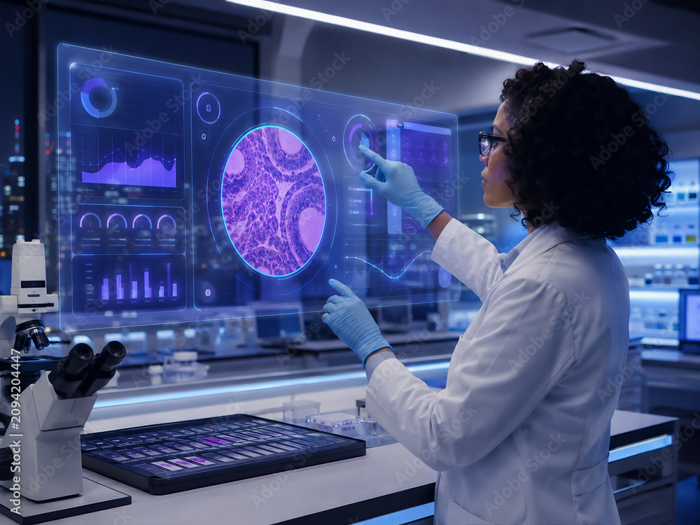 Scientist analyzing microscopic tissue samples on a futuristic digital laboratory interface