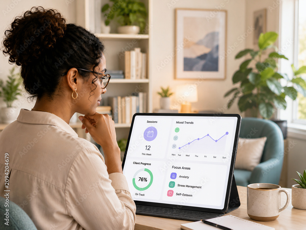 Professional woman analyzing mental health progress on a digital tablet at home