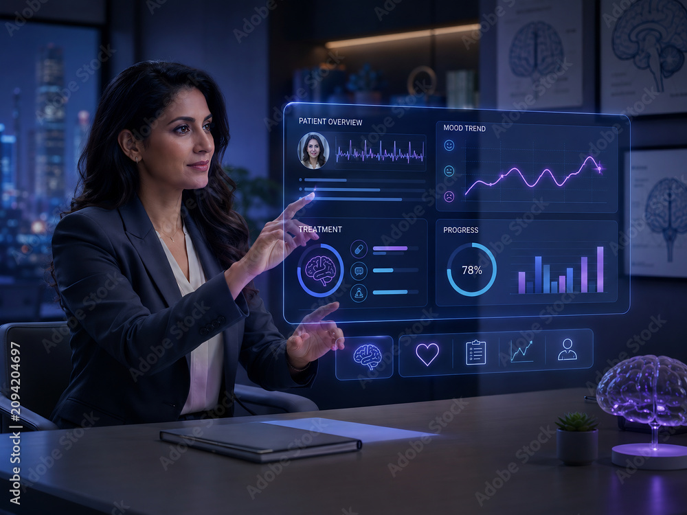 Female doctor using holographic medical dashboard for patient analysis