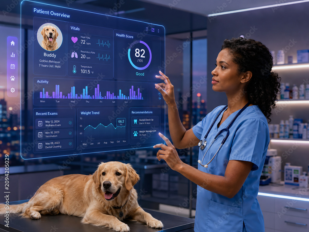 Veterinarian using futuristic holographic interface to monitor dog health