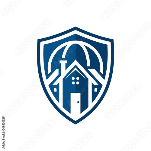 Abstract residential security logo icon featuring a house and a shield