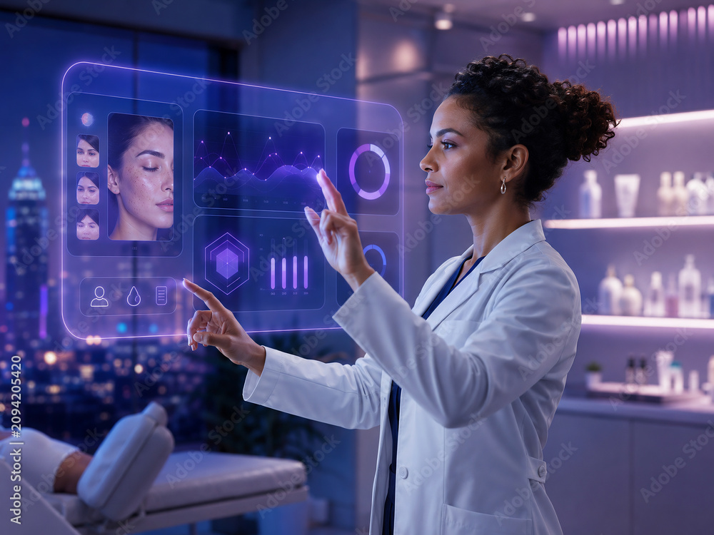 Dermatologist analyzing skin health with holographic digital interface