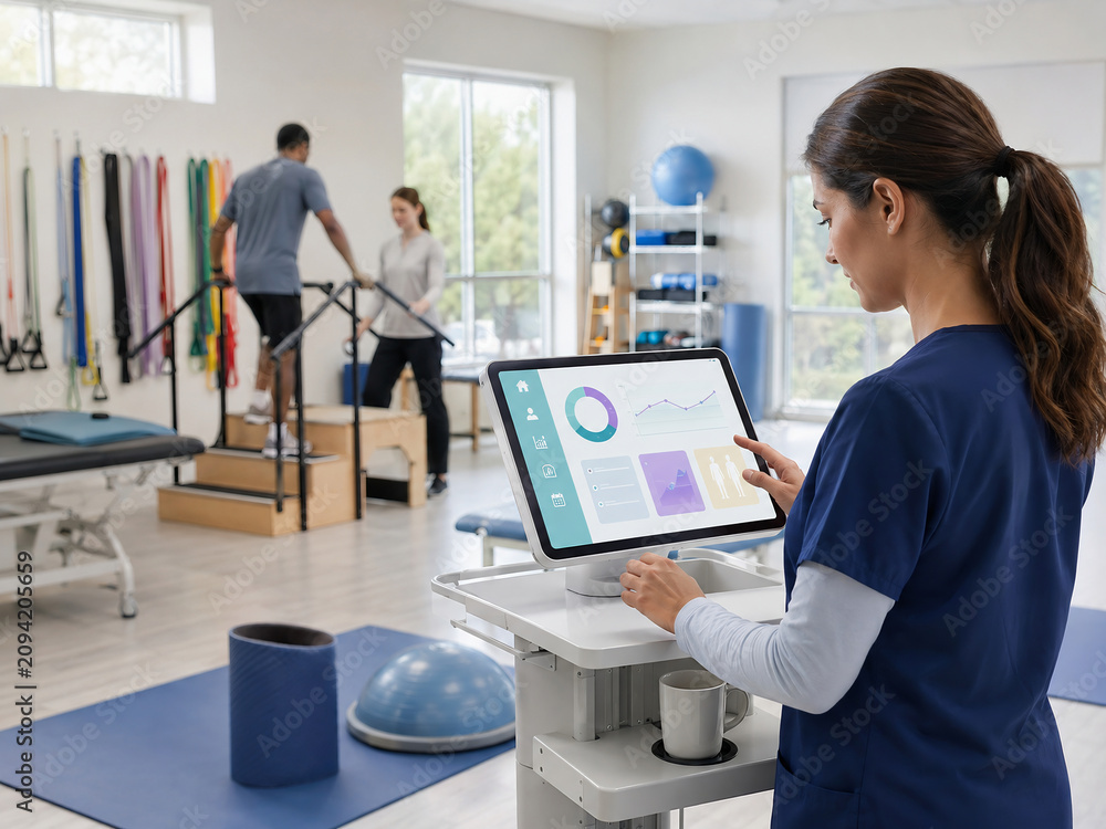 Physical therapist monitoring patient progress on tablet in rehabilitation clinic