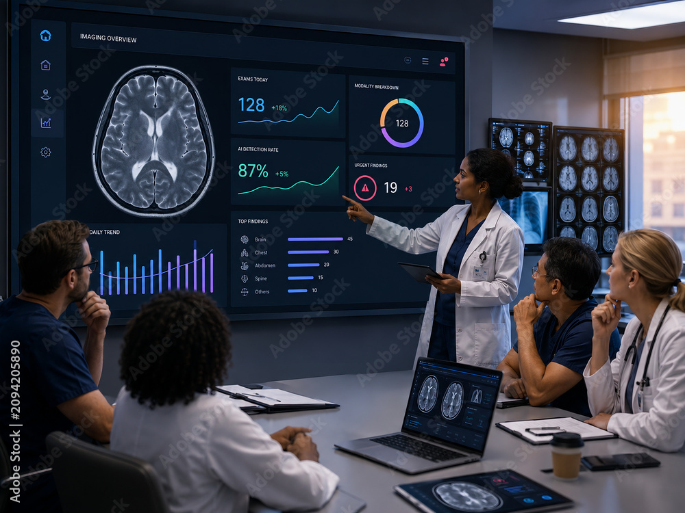 Medical Professionals Analyzing Brain MRI Scans on Digital Dashboard in Hospital Meeting Room