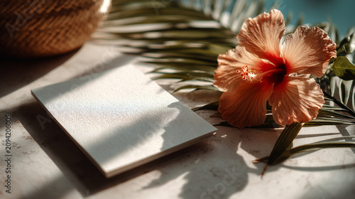 Blank paper card on a textured stone surface with hibiscus flower and palm
