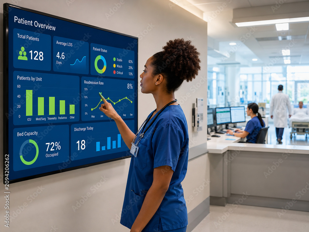 Female healthcare professional analyzing hospital patient data dashboard