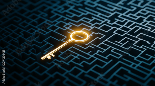 Glowing key above maze represents clarity and solutions in complex situations