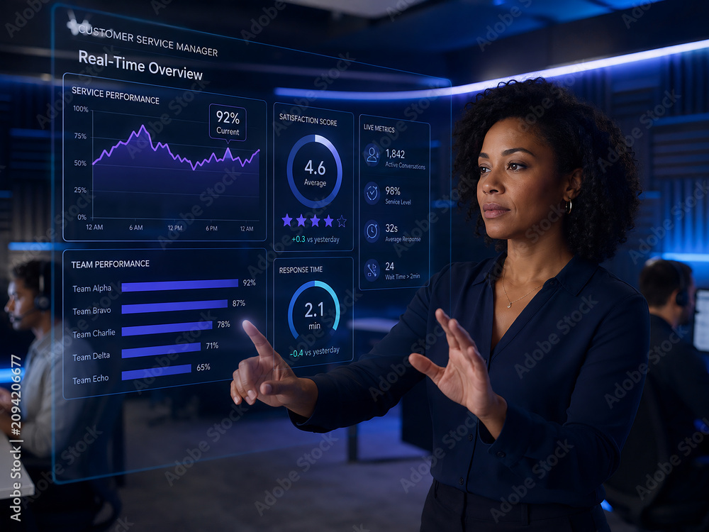 Customer service manager interacting with a holographic real-time performance dashboard