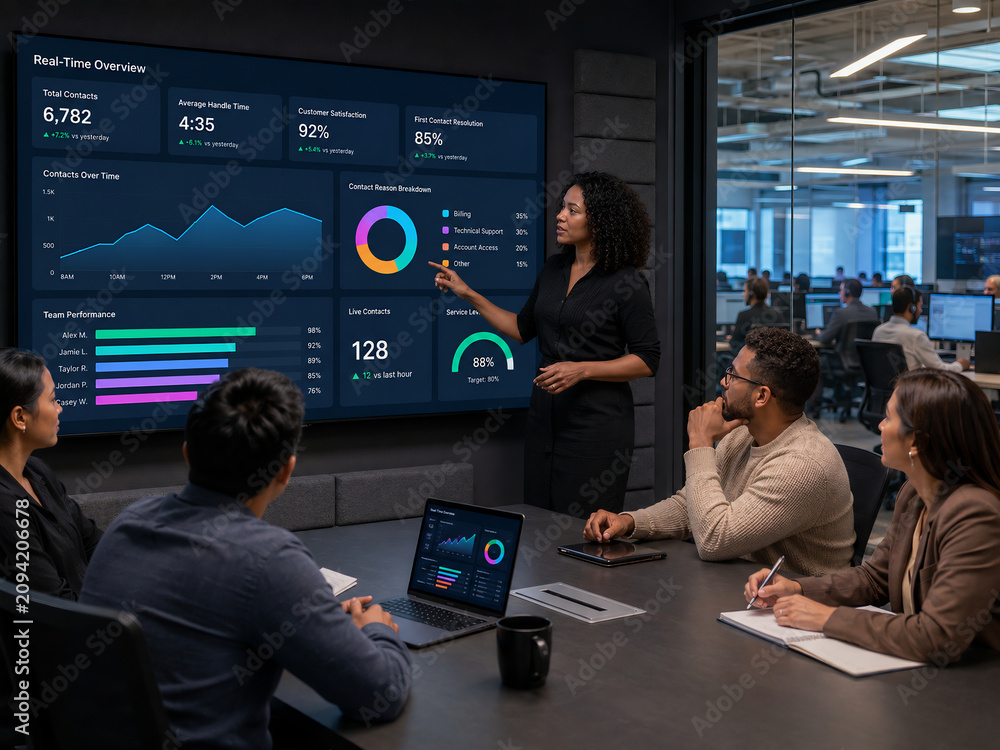 Business professional presenting data analytics on a large screen in a modern office meeting room