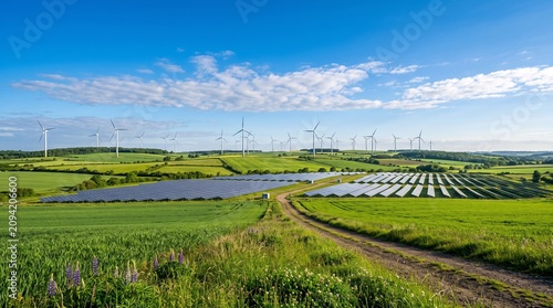 Solar farm and wind turbines in a lush green countryside