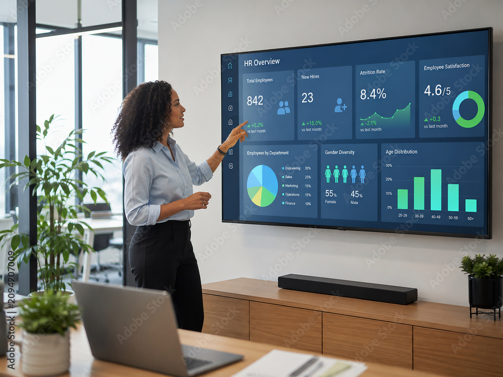 Professional woman presenting human resources data on a large wall screen in a modern office