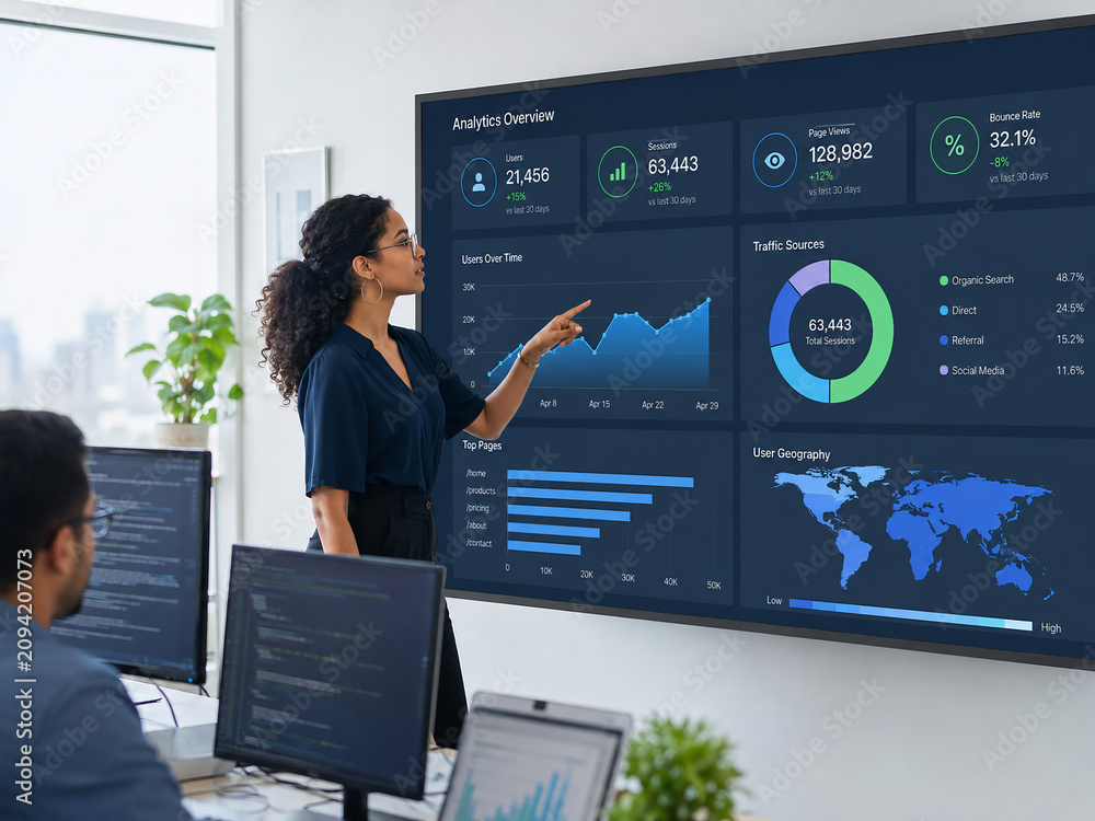 Businesswoman presenting analytics dashboard to colleague in modern office