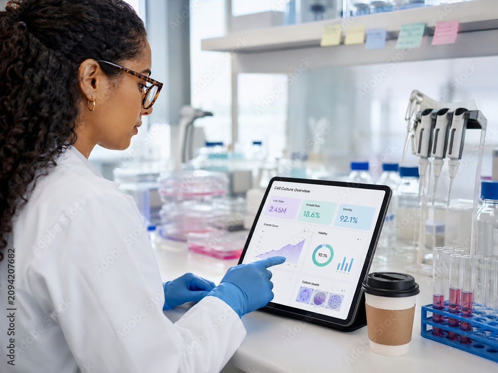 Female scientist using a tablet to analyze cell culture data in a modern laboratory