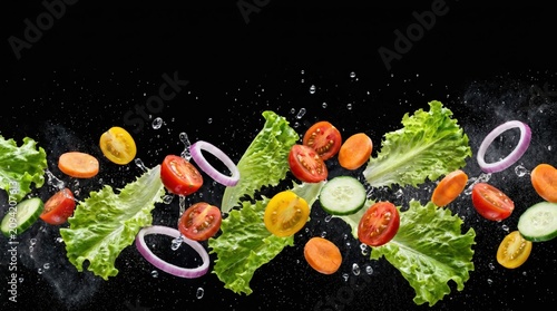 Fresh healthy vegetables falling and splashing water on a vibrant black background, creating dynamic motion.