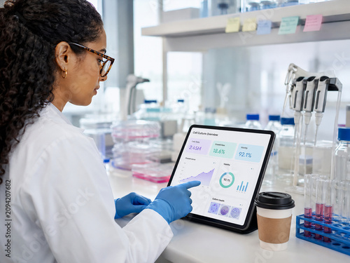 Female scientist using a tablet to analyze cell culture data in a modern laboratory