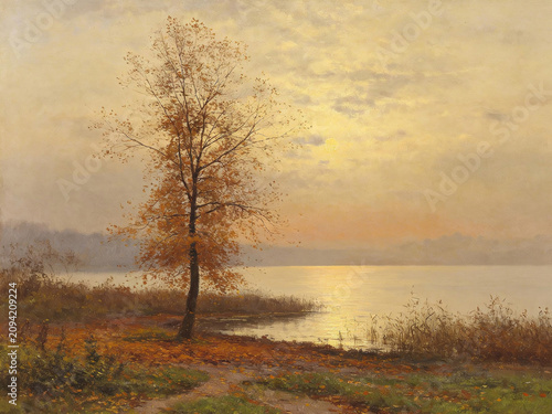 Vintage-style autumn lakeside landscape oil painting

