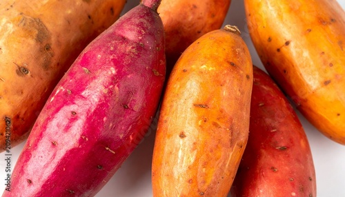Close-up of sweet potatoes and yams on white surface, orange skins contrasted with reddish-purple skins, highlighting root vegetable textures and varieties.