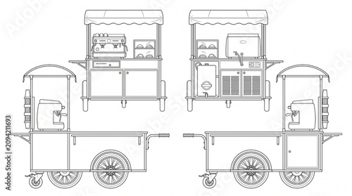 Technical Line Art of a Mobile Coffee Cart and Street Food Trolley with Espresso Machine