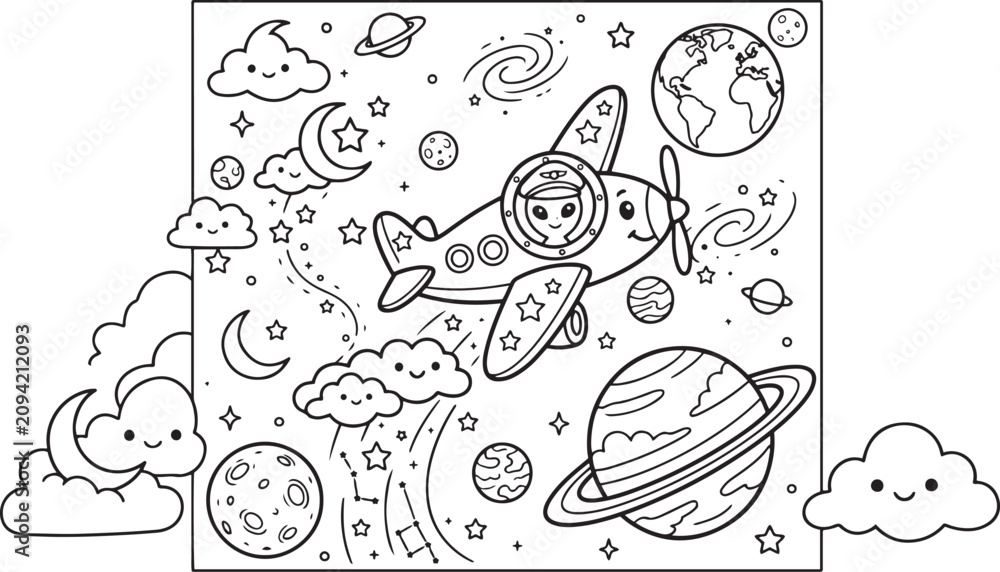 Obraz premium Cute alien pilot flying a small airplane in space coloring page for kids