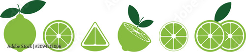 Foto Green lime vector illustration set with whole citrus fruit leaves half cut slice