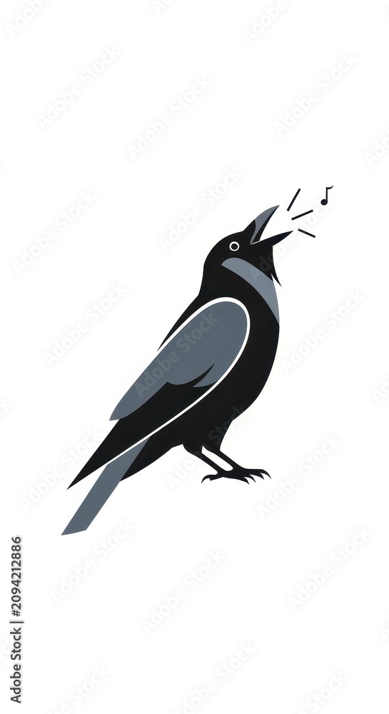 Obraz premium Black Crow Singing in Minimalist Illustration Style.