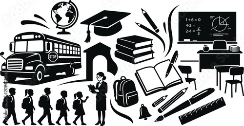 Black and white educational icons for school, learning, and teaching isolated on white background for design