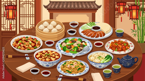 Obraz na plátně Traditional Chinese Cuisine Banquet on a Round Table with Various Dishes