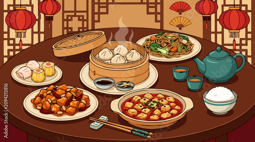 Fotografie Assortment of traditional Chinese cuisine on a dining table with lanterns