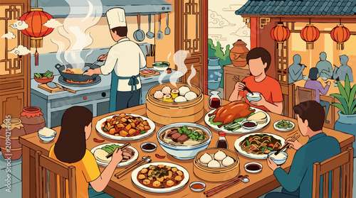 Foto Chef cooking and people enjoying an authentic Chinese feast in a traditional res