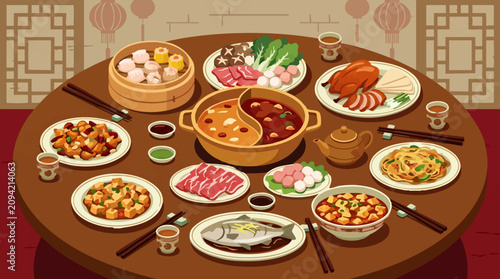 Foto Traditional Chinese Banquet with Hot Pot, Dim Sum, Roasted Duck, and Asian Food