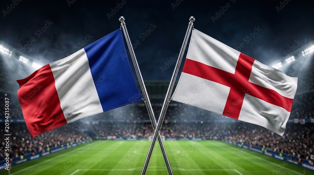 Fototapeta premium Crossed flags of France and England in a professional football arena