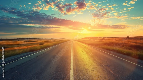 Sunrise over empty highway, hopeful journey theme.