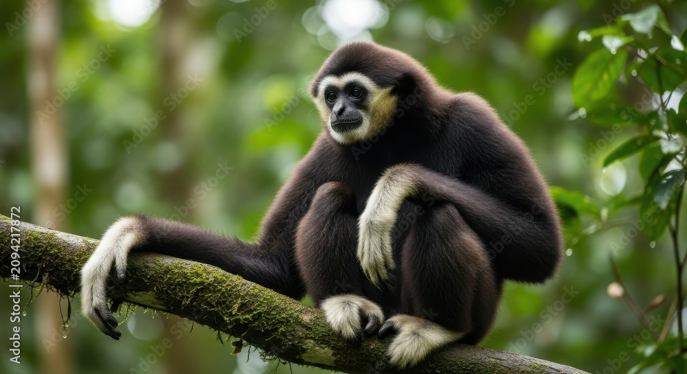 Obraz premium Black and white gibbon resting on a tree branch in forest.