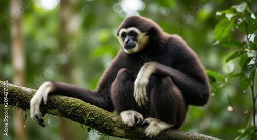 Black and white gibbon resting on a tree branch in forest.