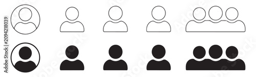 User profile icons set people group avatars outline solid figures various sizes and compositions.