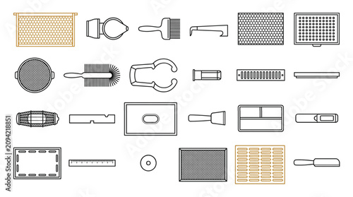 Beekeeping tools outline icon set