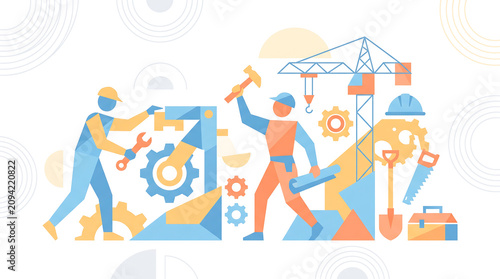 Abstract Vector Illustration of Construction Workers With Gears