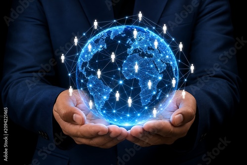 Hands holding glowing digital globe with interconnected people icons on dark background