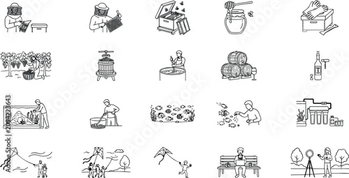 Tableau sur toile Set of various hobby and activity line icons featuring beekeeping, winemaking, aquarium care, kite flying, and outdoor activities