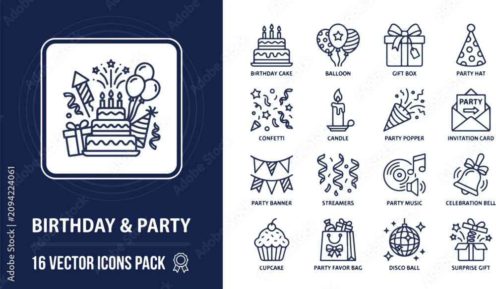 Fototapeta premium Linear Vector Icon Collection Featuring Essential Celebration and Birthday Party Elements for Festive Graphic Design Projects