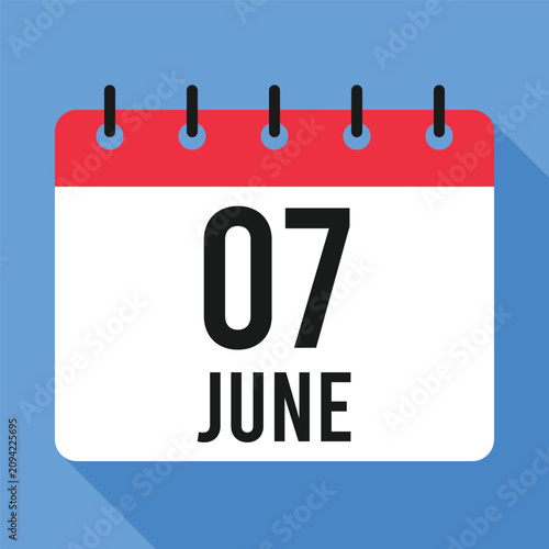 7 June Calendar Icon, Isolated On White Background.