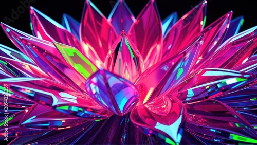 Vibrant crystal flower blooms. Petals radiate neon colors, creating futuristic aesthetic. Dark background emphasizes luminosity.
