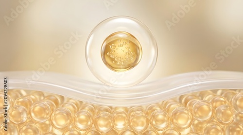 Golden serum drop penetrating deep into skin layers for facial rejuvenation and anti aging skincare treatment concept close up view