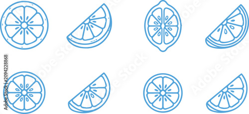 Bild auf Leinwand Collection of citrus lemon slice icons in line art with ingredient beverage nutr