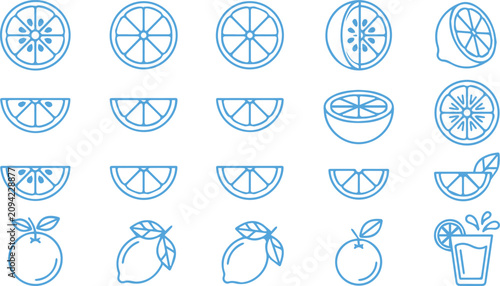 Tableau sur toile Set of blue lemon and citrus fruit outline icons for healthy eating concepts wit