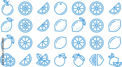 Schilderij op canvas Assorted lemon and orange fruit line art icons including slices and whole fruits