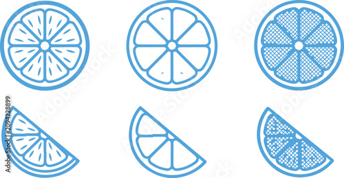 Photos Minimalist citrus fruit slices and halves line icon set in blue with ingredient